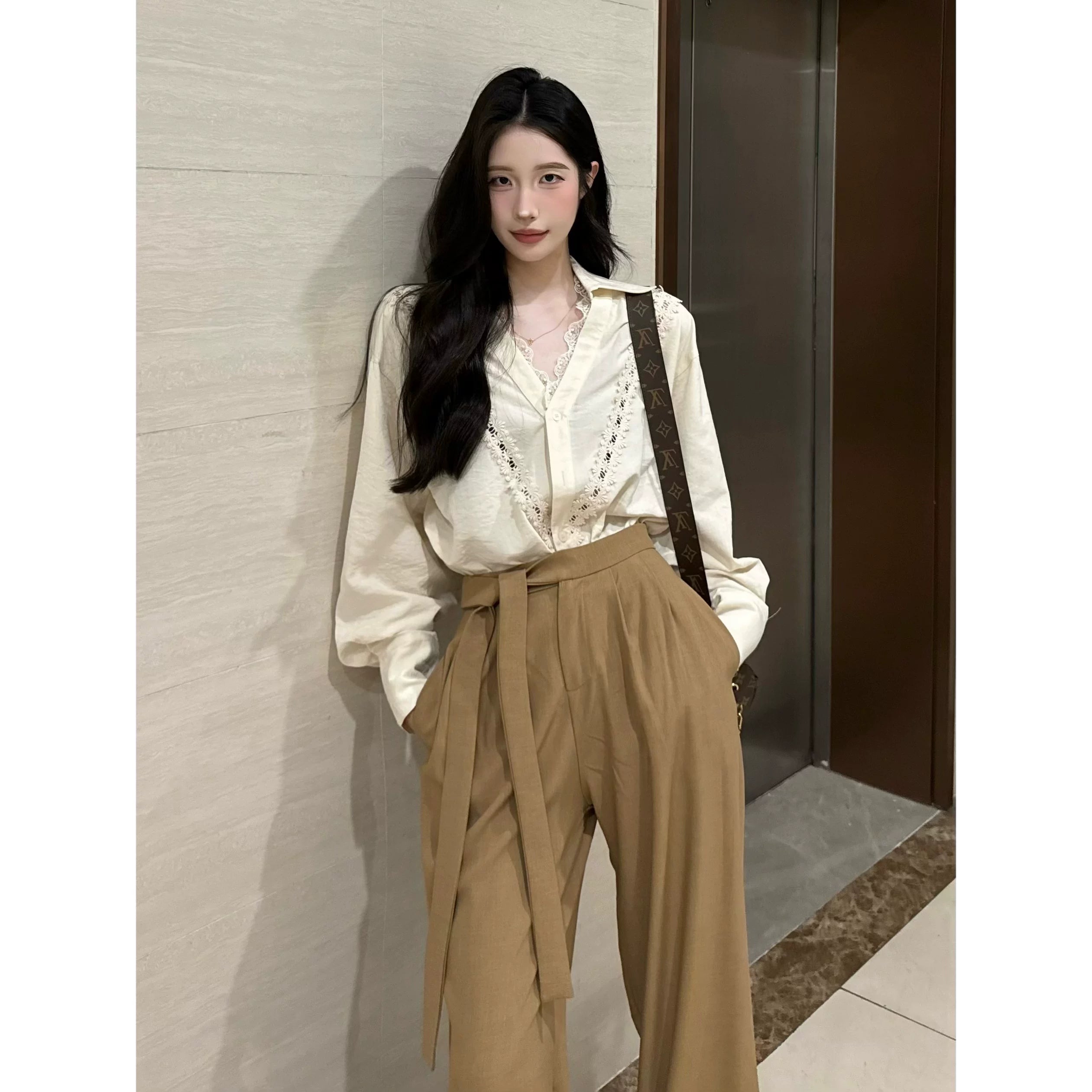 PANPANSTUDIO Simple Linen Old Money Style Shirt Wide Leg Pants Set