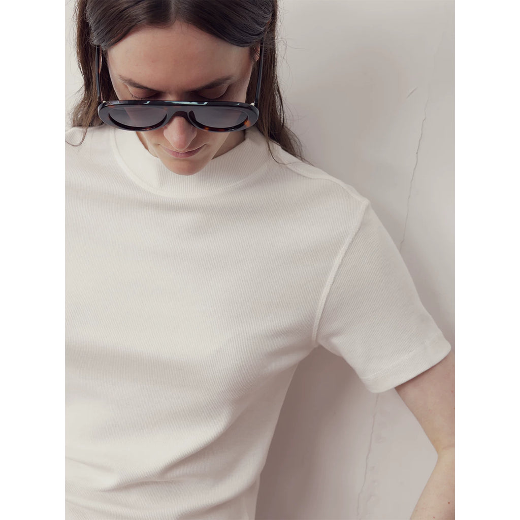 COLN Front Shoulder Breathable Pinstriped Half Turtleneck Tee