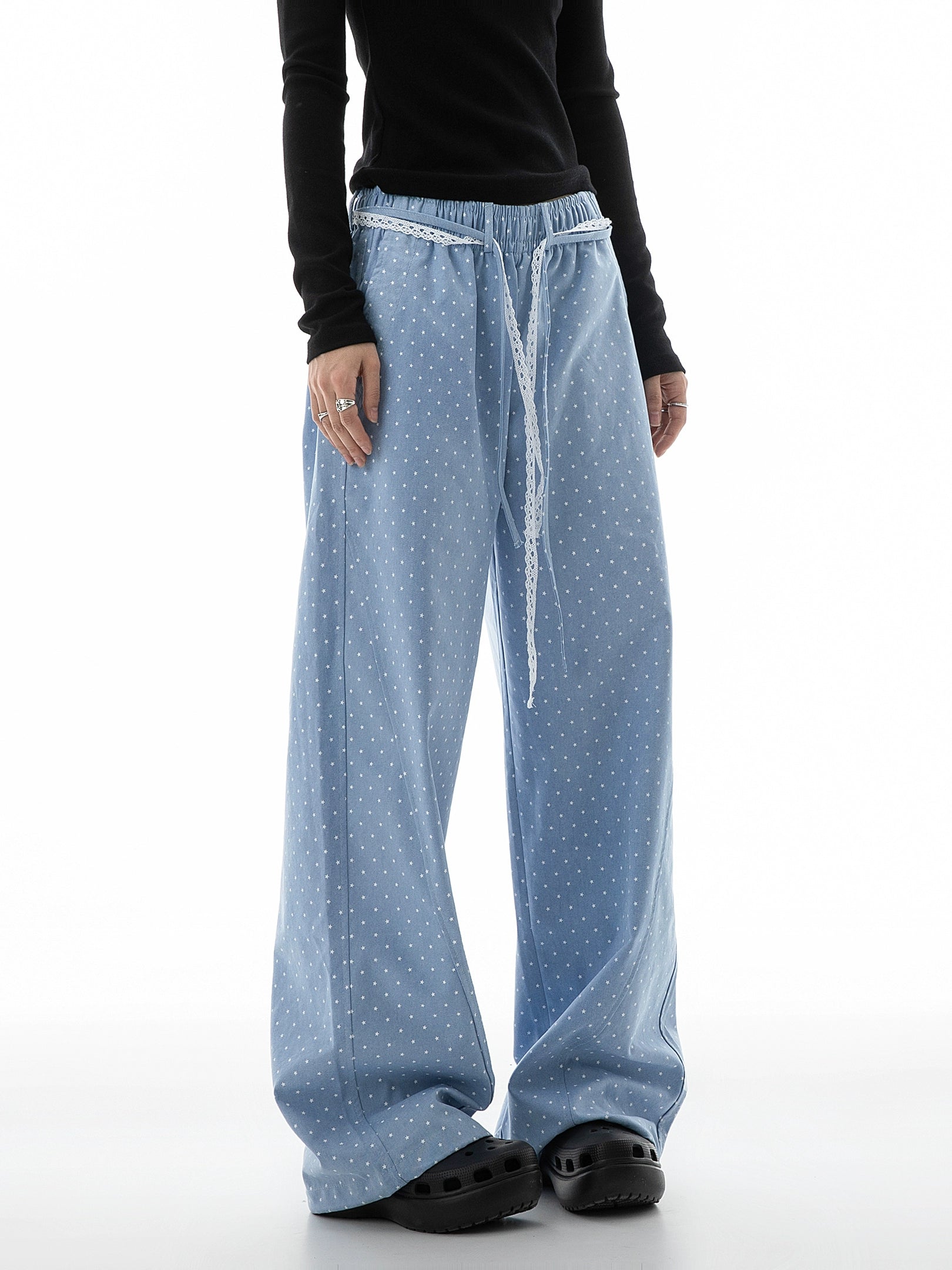 ICH MODE Vintage Star Straight Elastic Waist Wide Leg Pants