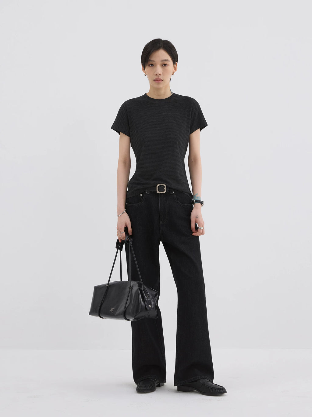 Sameuoo Front Shoulder Slim Striped Tee
