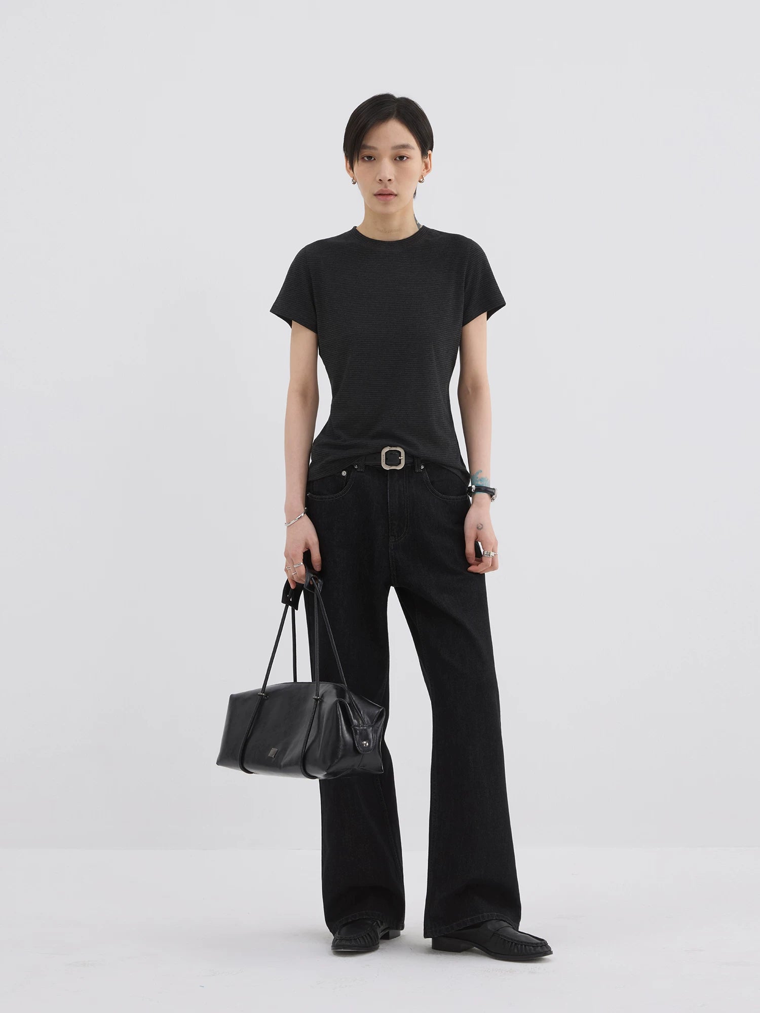 Sameuoo Front Shoulder Slim Striped Tee