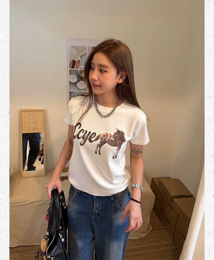 CCYE Front Shoulder Slightly Loose Round Neck Tee