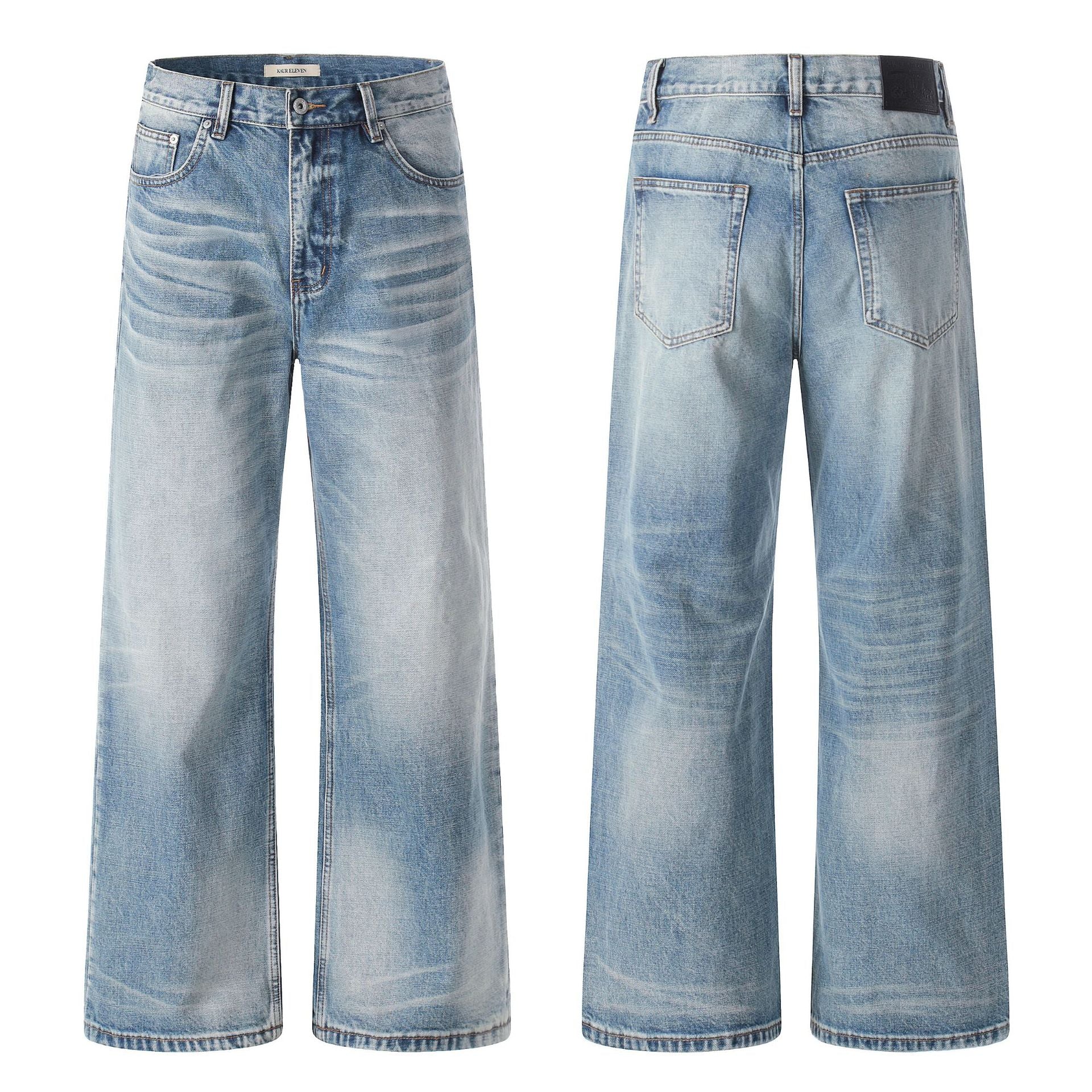 11KN Loose Cat Whisker Textured Straight Jeans