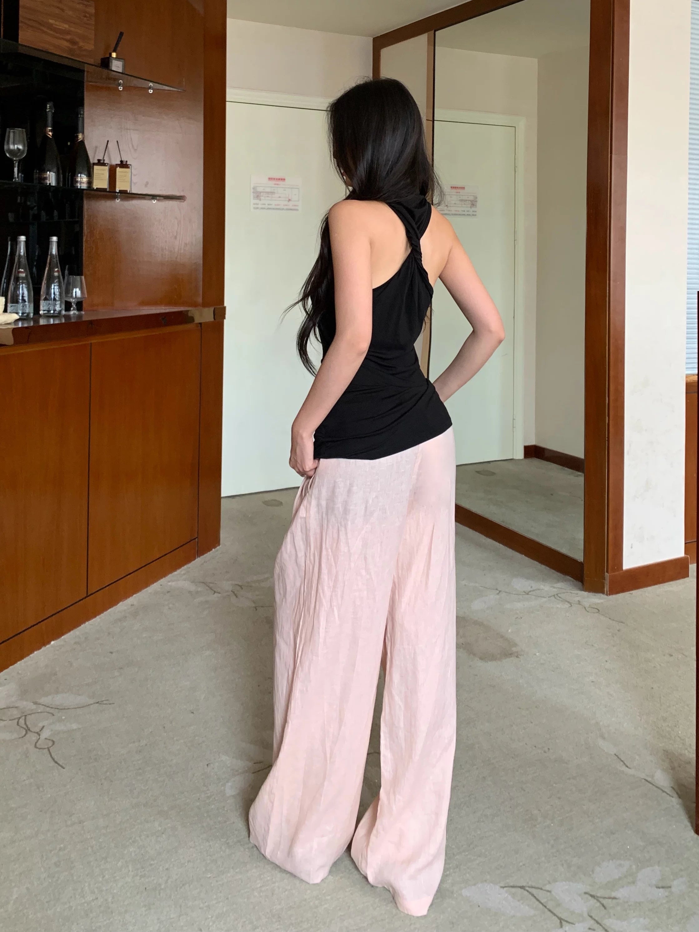 WITHMIN Low-rise Pleated Wide-leg Floor-mopping Trousers