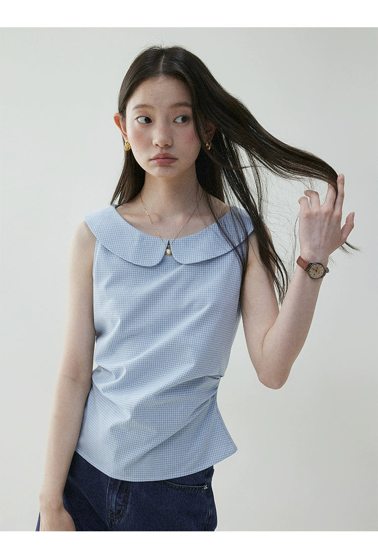 VOOE Contrasting Plaid Side Fold Doll Collar Shirt