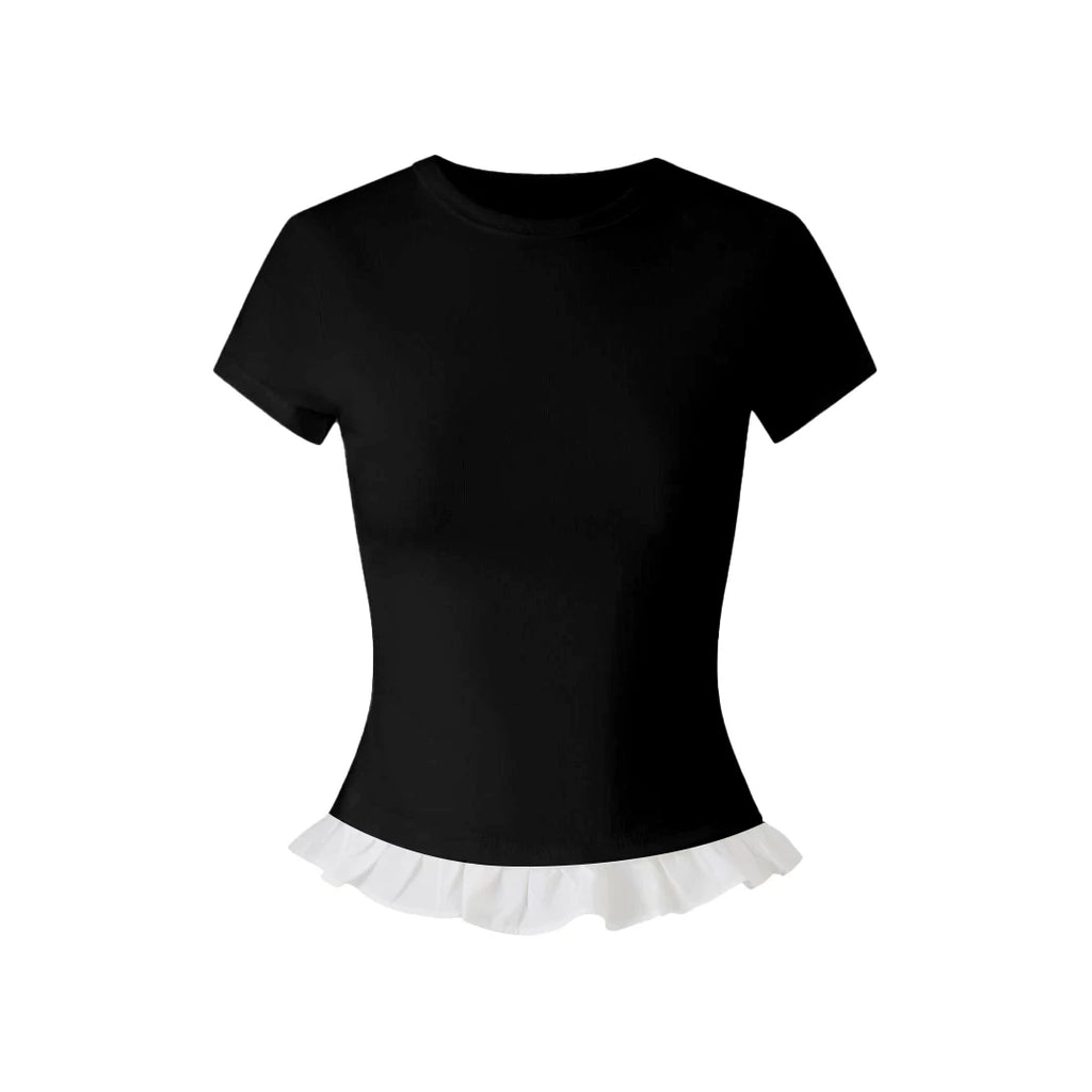 Avenement Splicing Lace Slim Body Contrasting Tee
