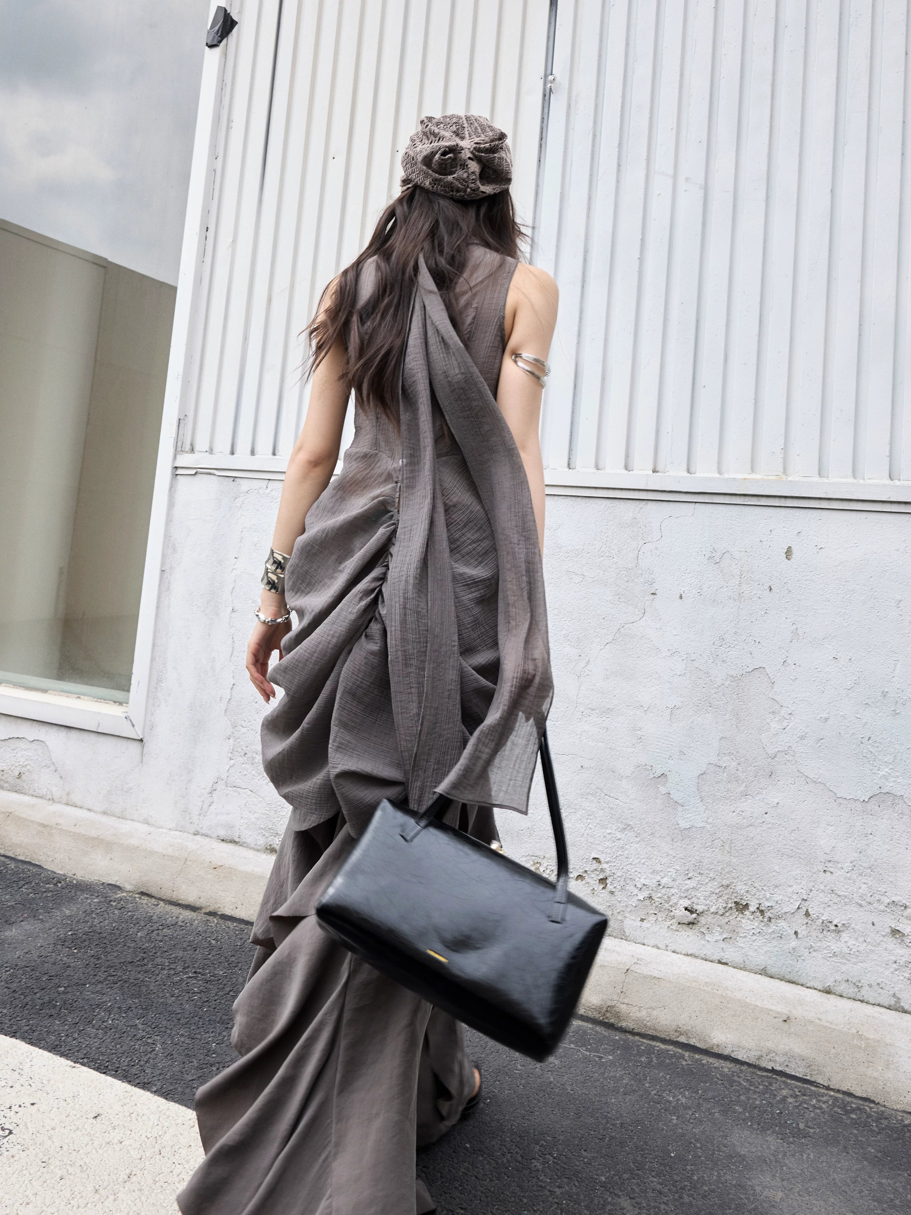 JNYLON Vintage Pleated Ultra Low Swinging Neck Lace-Up Vest