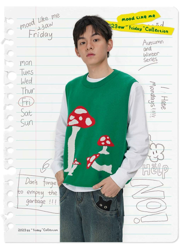 MoodLikeMe Mushroom Jacquard Fun Knitted Pullover Vest