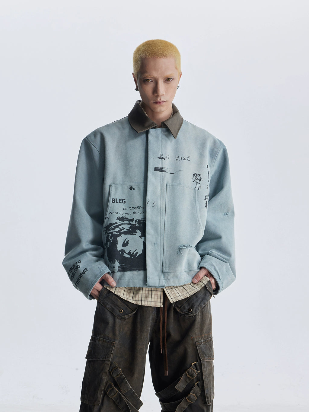 NOMANIAI Vintage Double-sided Print Lapel-neck Leather-neck Zip-up Jacket