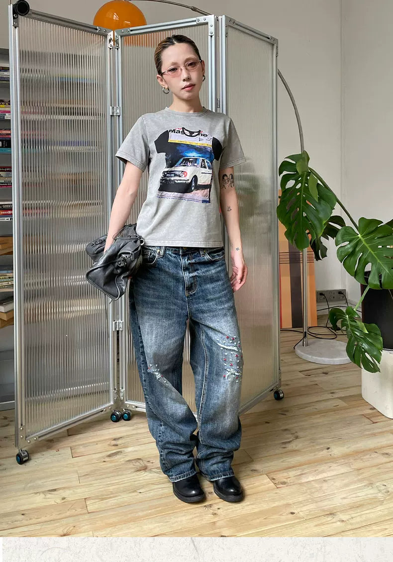 MMBBT Car Print Front Shoulder Thin Short Tee