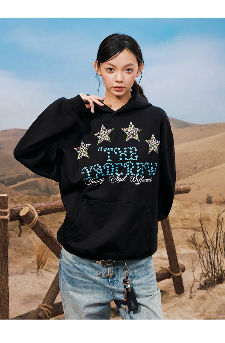 YADcrew Vintage Versatile Female Hot Bead Star Hooded Sweater