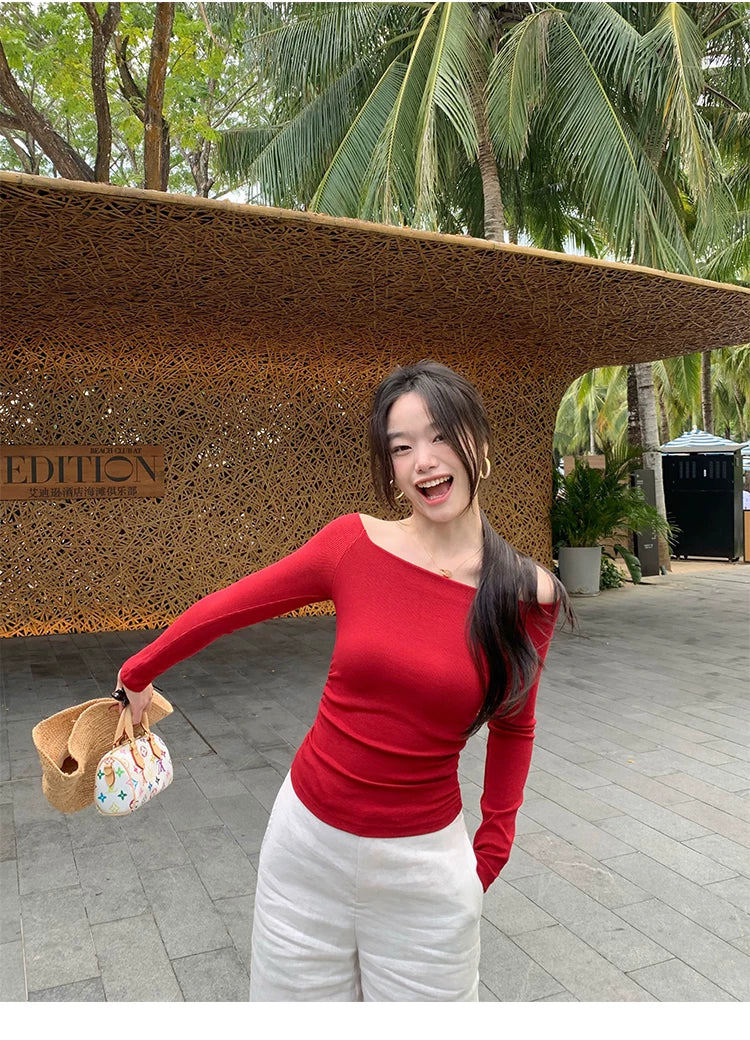 Pusumede Temperament Word Shoulder Slim Pleated Long Sleeves