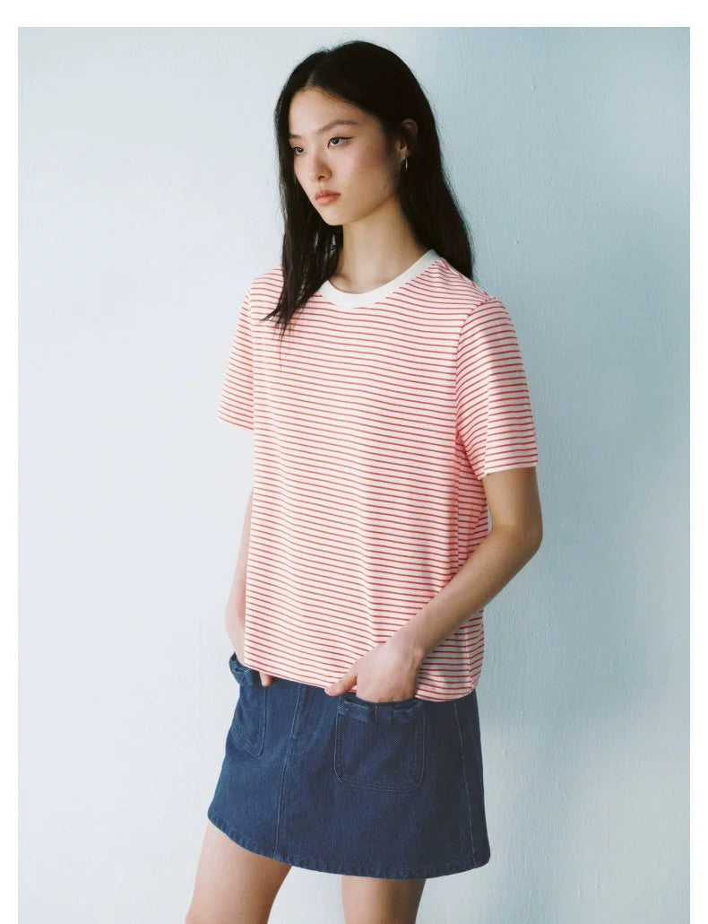 URBAN REVIVO Contrast Striped Crew Neck Short Sleeve T-Shirt