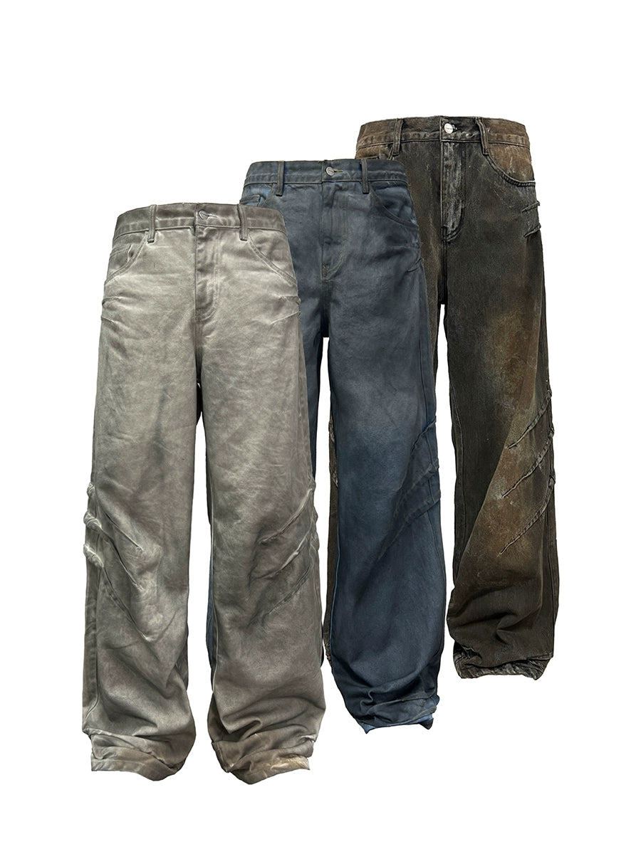 JCAESAR Scratch Dirty Wash Glazed Casual Jeans