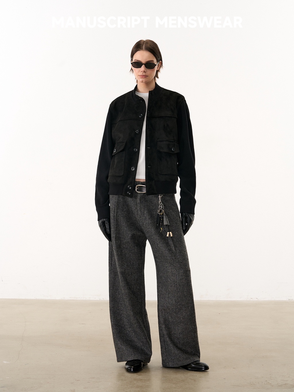 MANUSCRIPT Herringbone Straight Casual Woolen Trousers