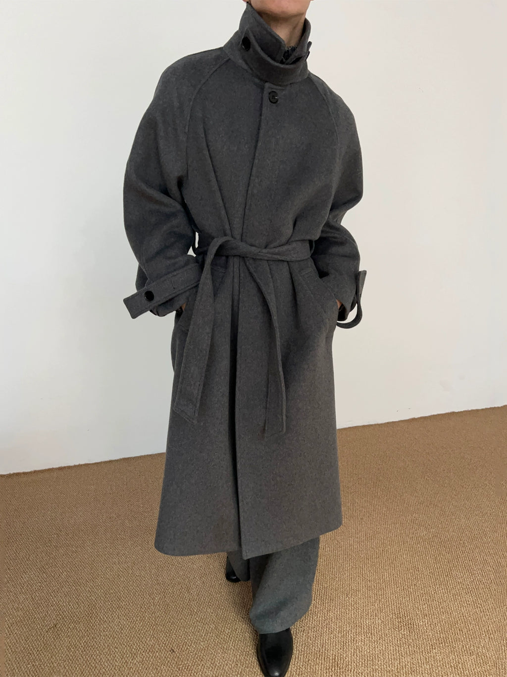 COLN Lace-up Lapel Woolen Single-breasted Coat