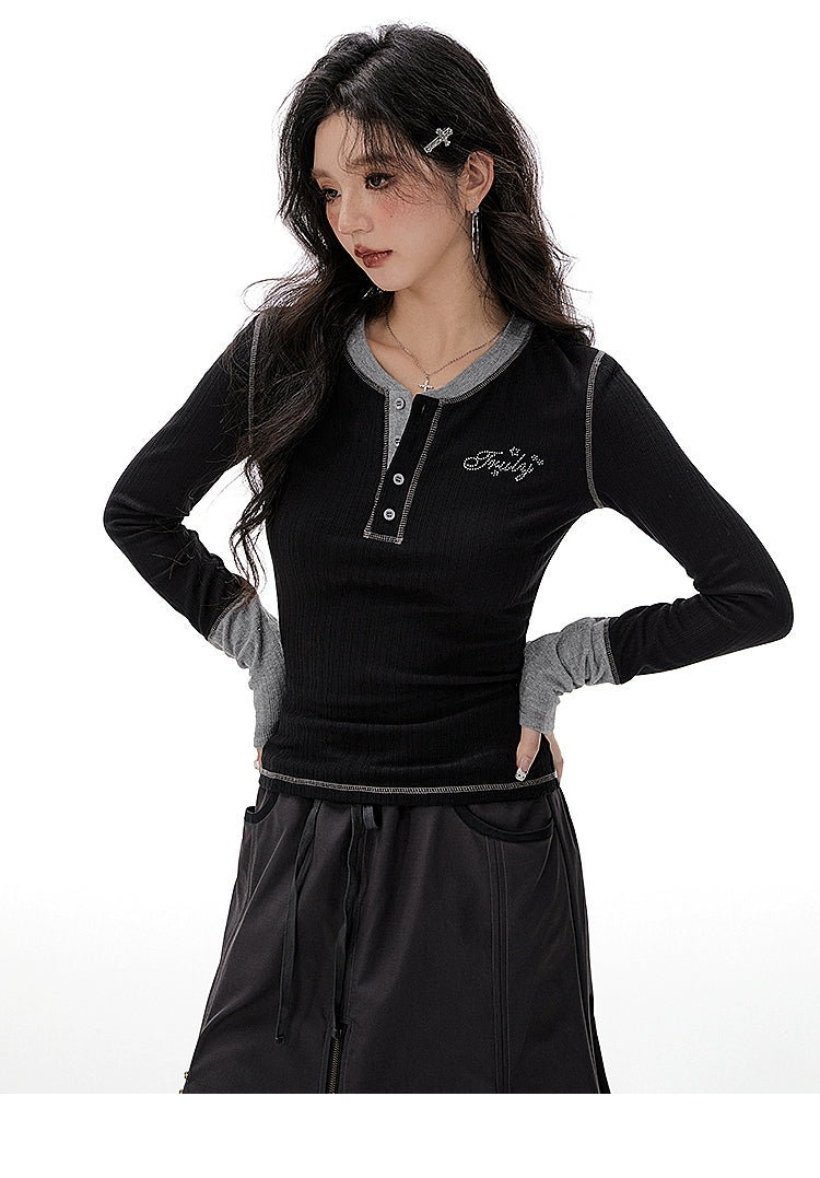 Imone Retro Letter Hot Diamond Contrasting Fake Two Long Sleeves