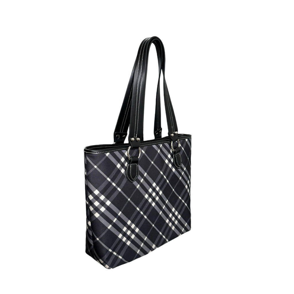 SAUCE Letter-printed Plaid Shoulder Commuter Tote Bag