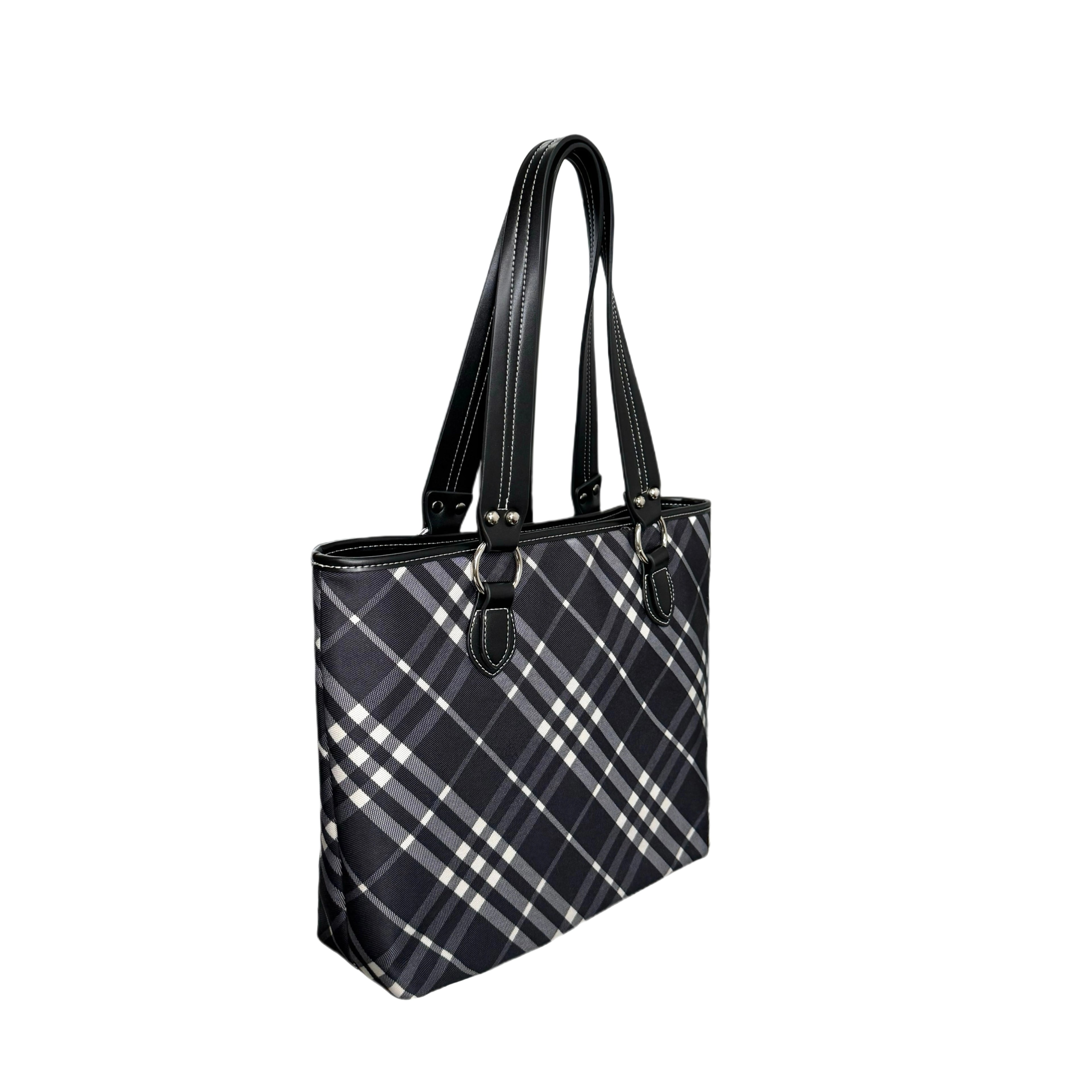 SAUCE Letter-printed Plaid Shoulder Commuter Tote Bag