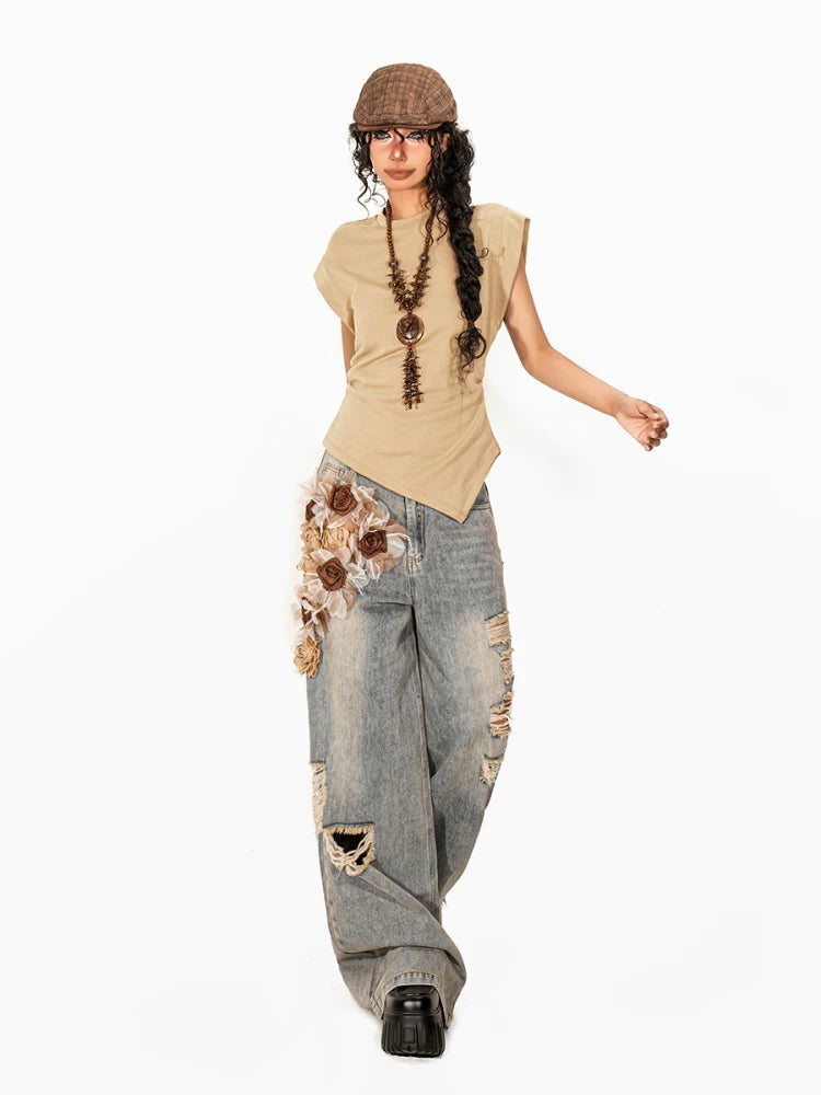 Arielink Three-dimensional Flower Ripped Floor Mopping Jeans