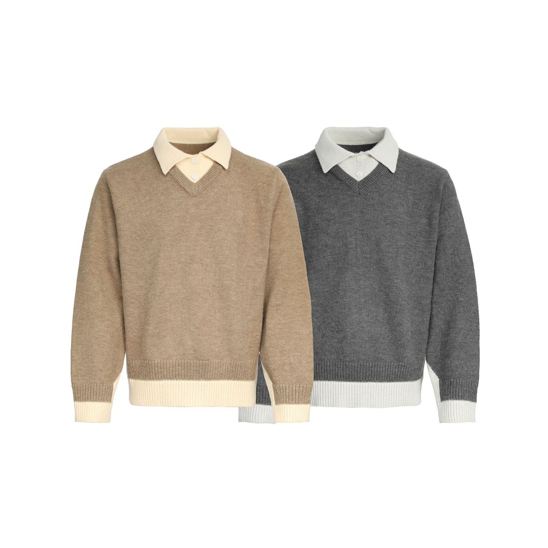 CHANYOOU Retro Color Matching Fake Two-piece POLO Neck Knitted Sweater
