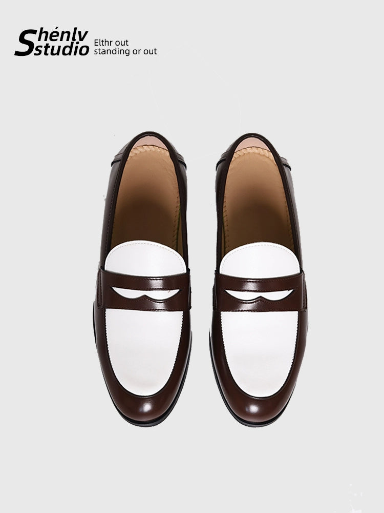 SHENLV STUDIO Pointed Round Head Color Matching One-pedal Thin-soled Derby Leather Shoes