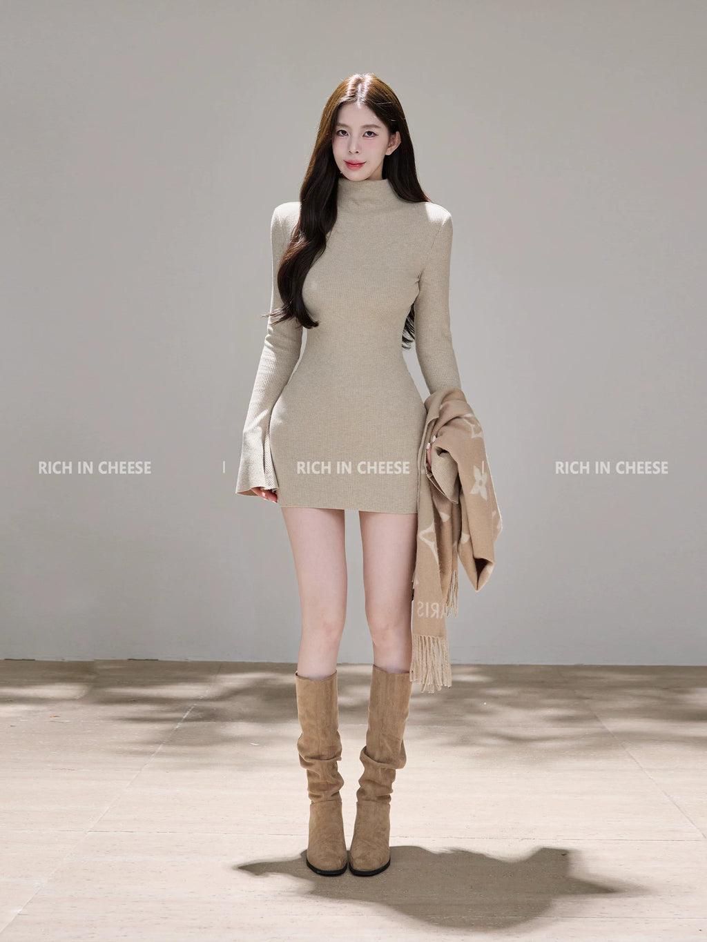 RICH IN CHEESE Waist Slim Knitted Long-sleeved Dress