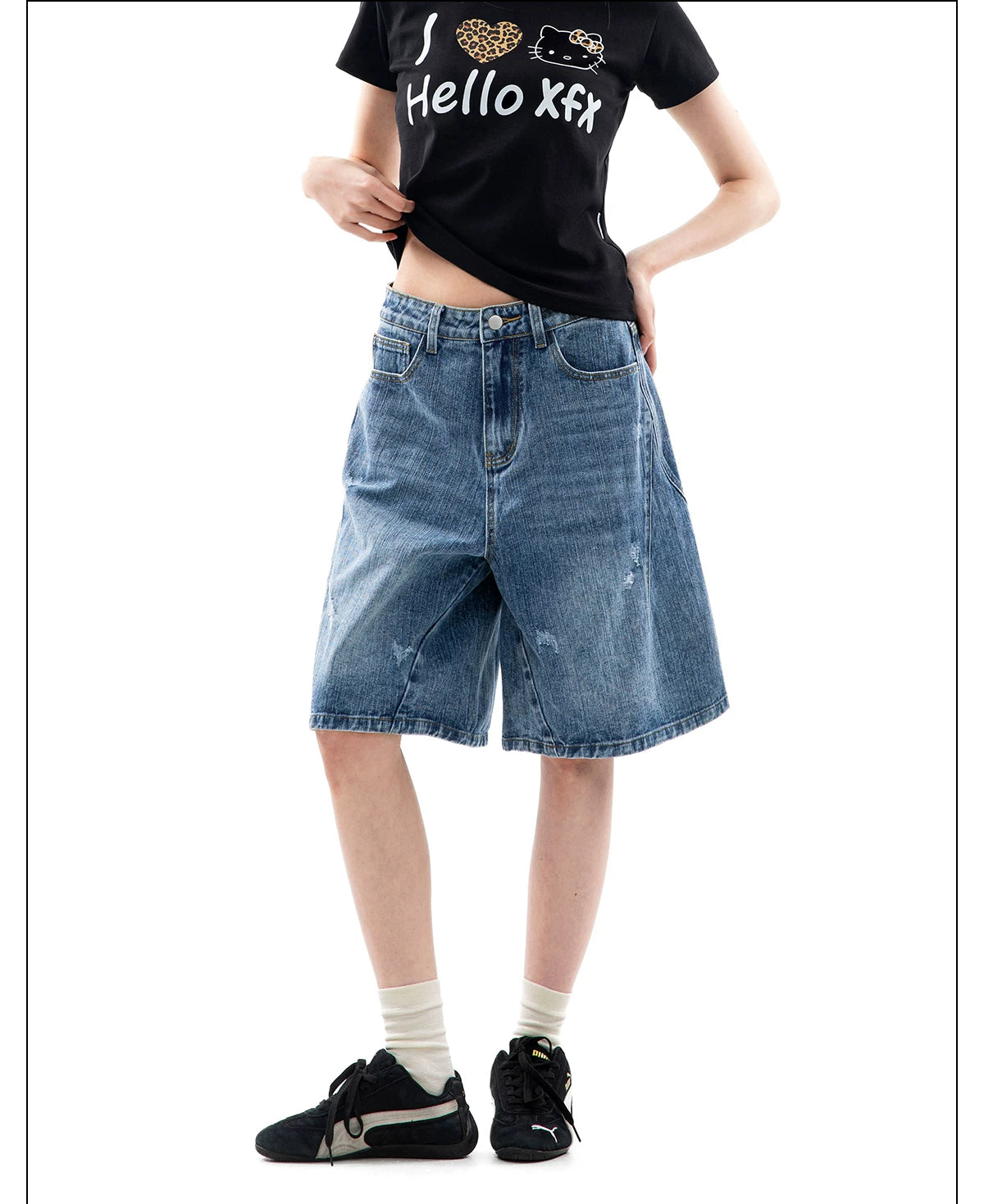CHANT2nd Vintage Ripped Denim Wide Leg Shorts