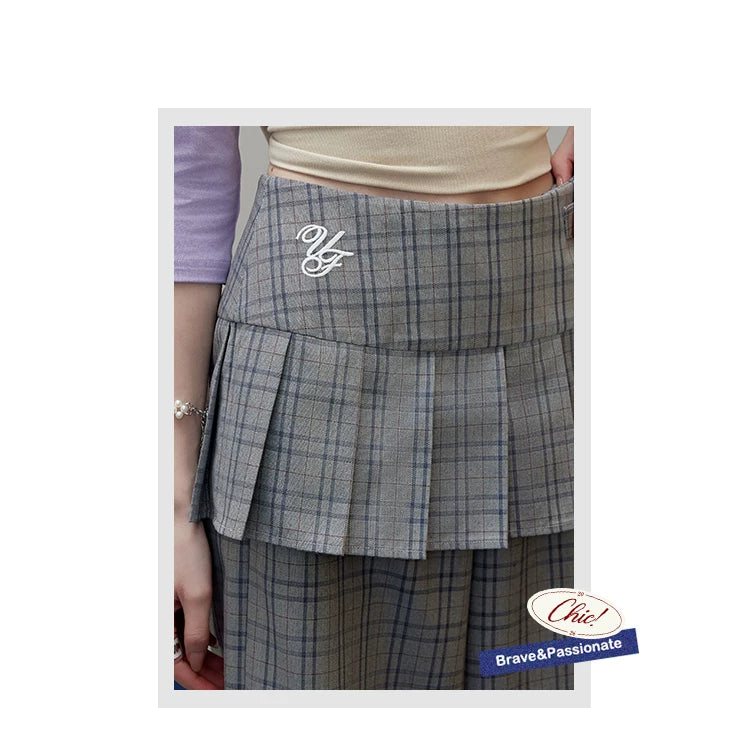 UNIFREE Plaid Straight Loose Wide Leg Skirt Fake Two-Piece Floor Pants