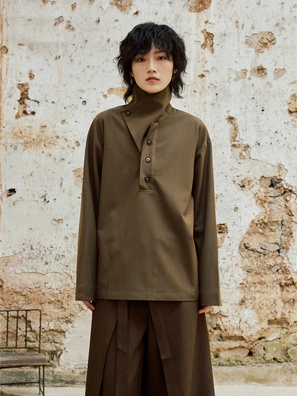 SUNYVONNE Retro Button-down Two-piece Stand-up Collar Long-sleeved Shirt