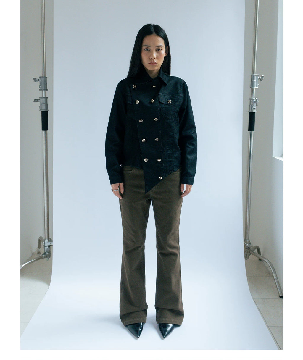 FUNKYFUN Straight Shoulder Thin Soft Denim Double-breasted Jacket