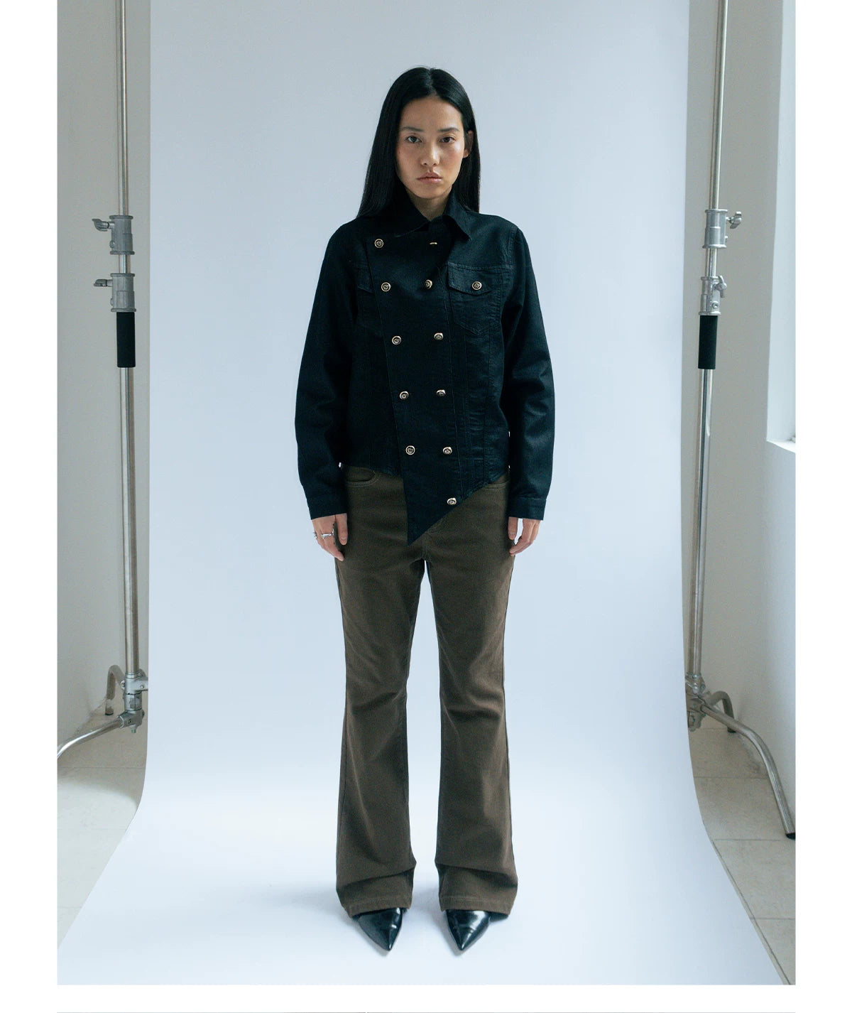 FUNKYFUN Straight Shoulder Thin Soft Denim Double-breasted Jacket