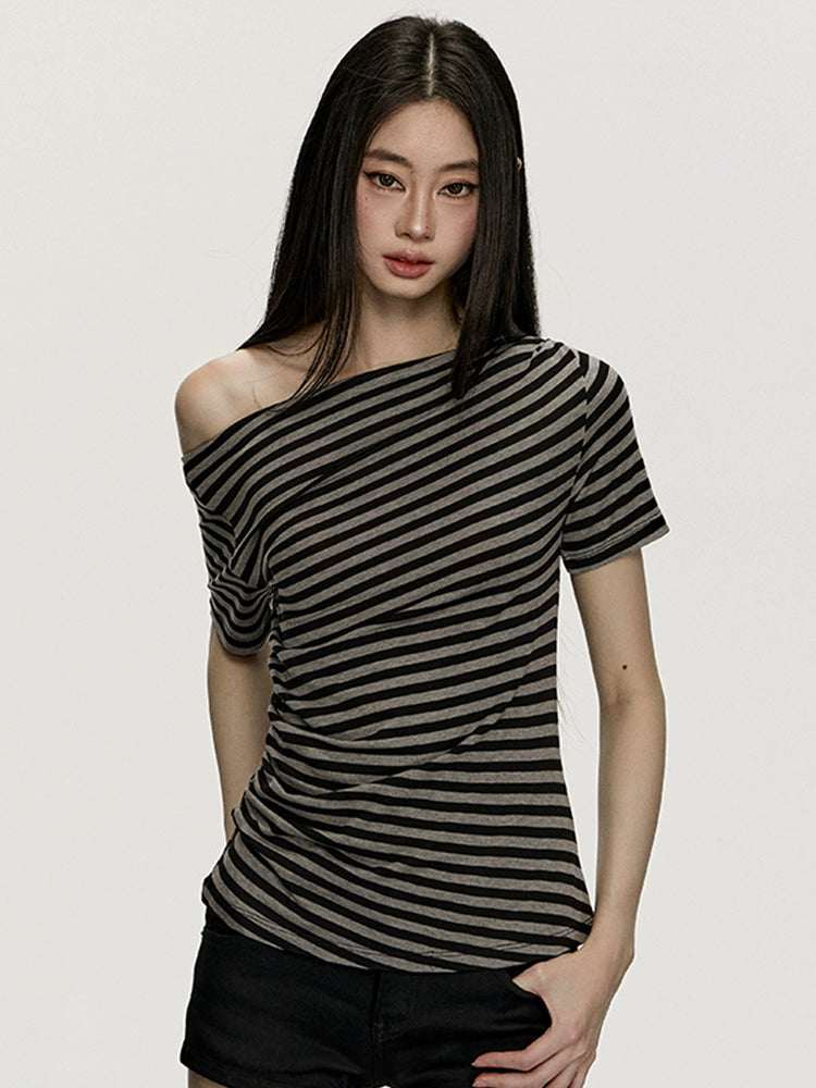 Anna Aneae Slanted Shoulder Striped Loose Tee