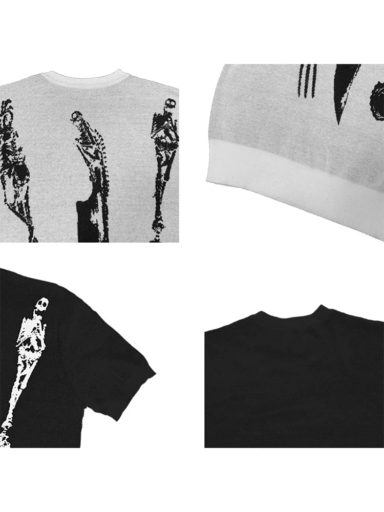 WANNA LAB Skull Knife Fork Spoon Jacquard Pattern Front Shoulder Tee