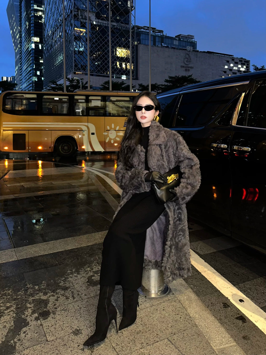 CHUYUQI Extravagant Warm Wool Coat Stand-up Collar Imitation Fur