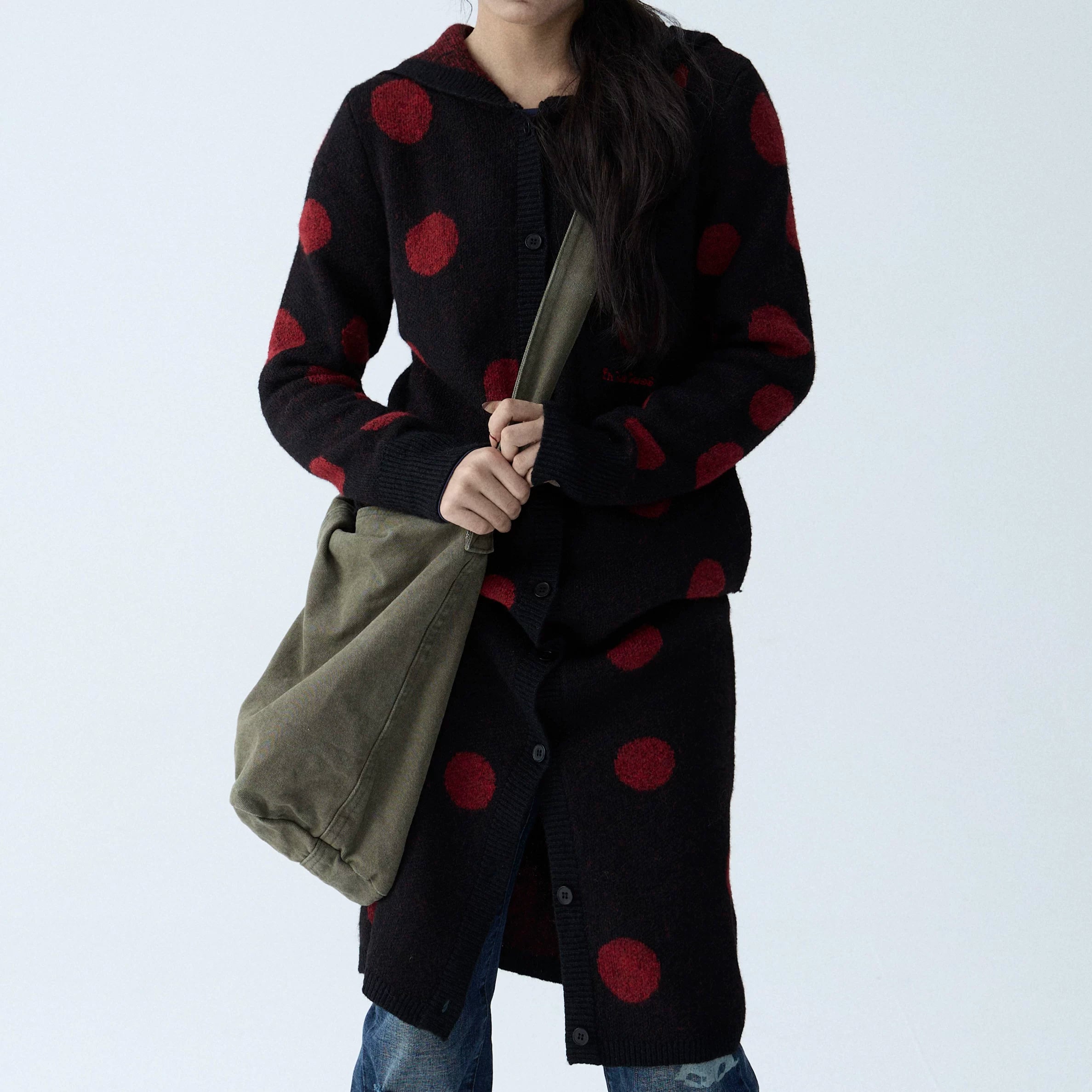 In Two Twos Vintage Polka Dot Long Knit Sweater Cardigan