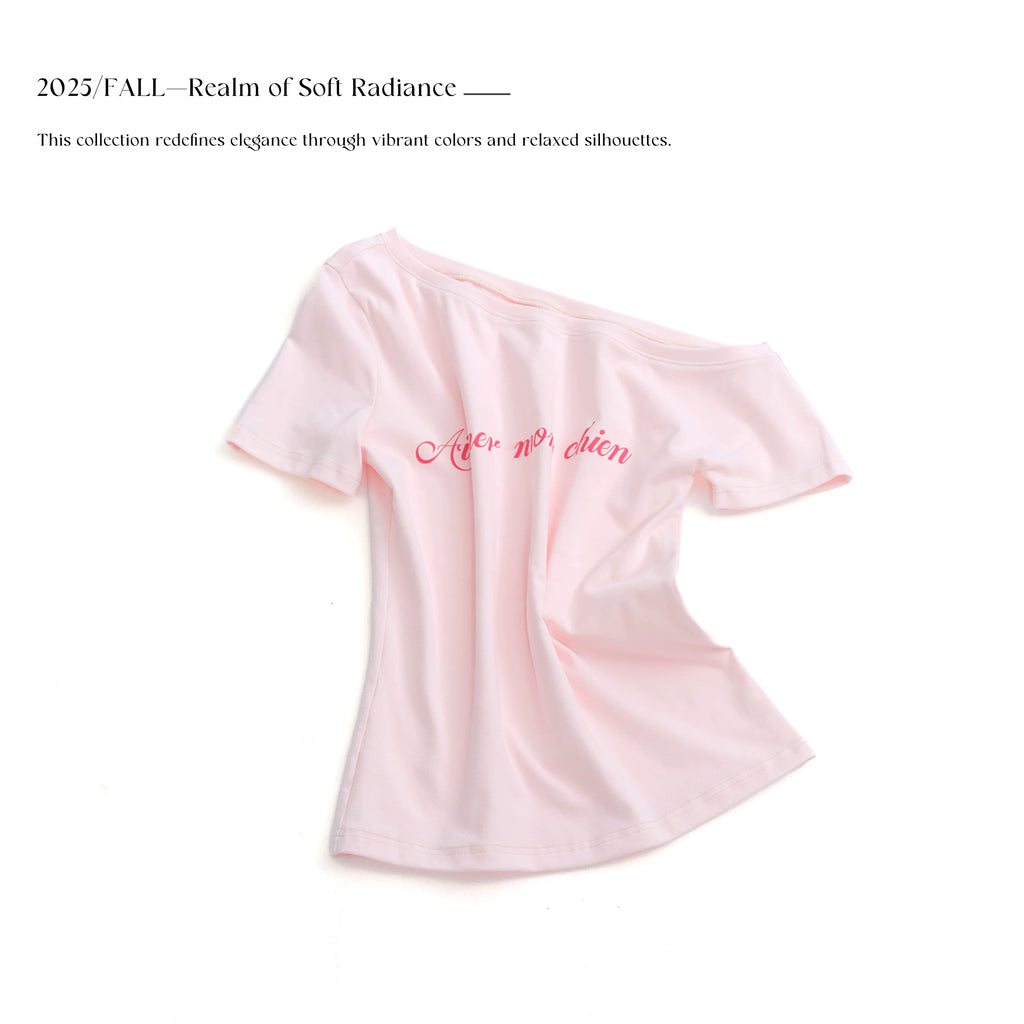 LINY LIBERTY Asymmetrical Slanted Shoulder Printed Slim Tee