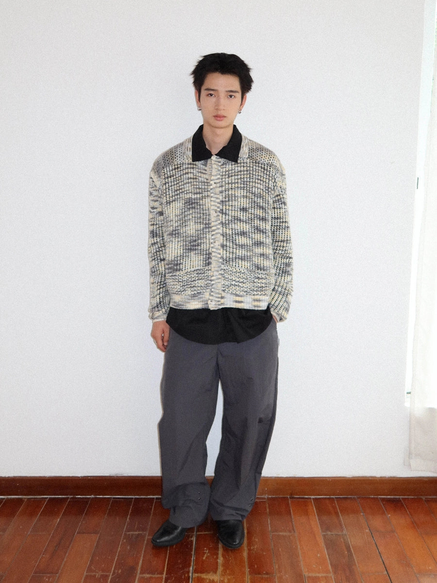 FUNKYFUN Lapel Cardigan Rhombus Hollow-knit Long-sleeved Sweater