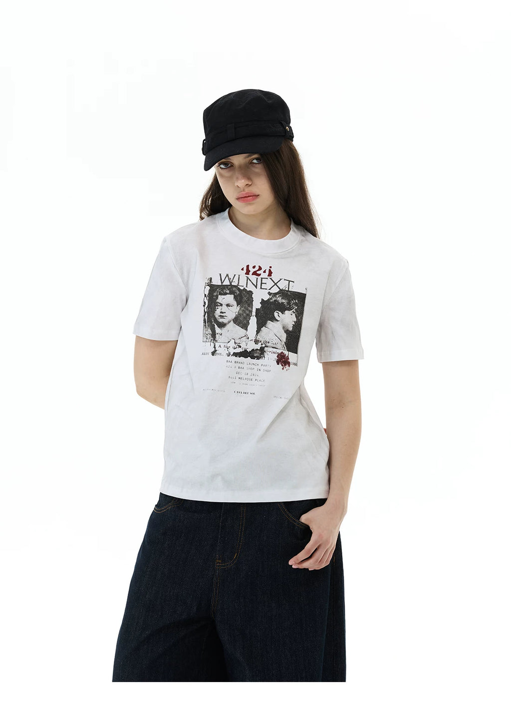 WLNEXT Retro Front Shoulder Doing Old Casual Tee