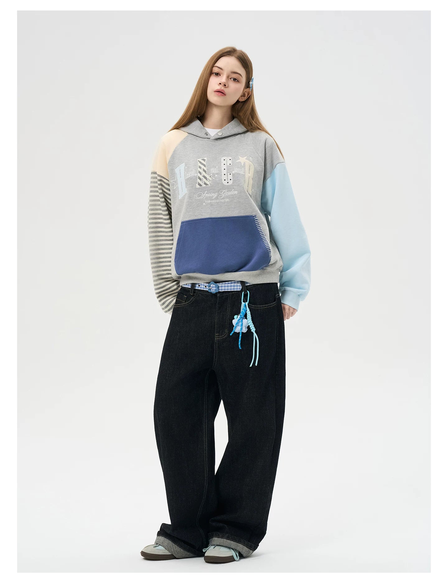 HACR Korean Striped Splicing Shoulder Sleeve Sweater