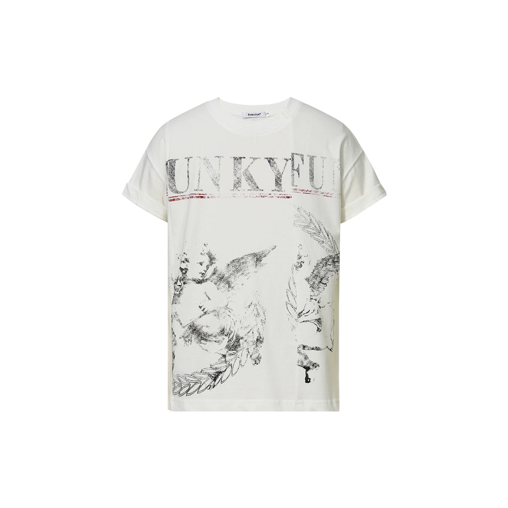 FUNKYFUN Cupid Old Printing Irregular Splicing Tee