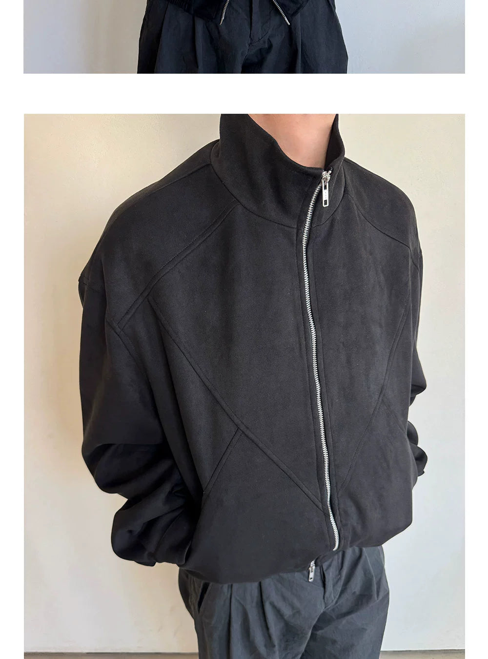 Anniehall Deconstructed Splicing Double Zip Stand-Up Jacket