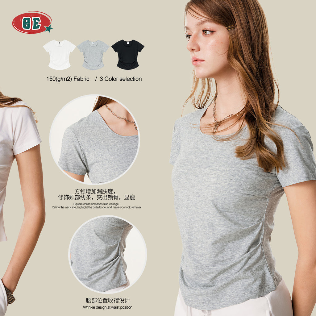 BE women's  Solid Color Square Neck Short Sleeve Waist Slimming Top