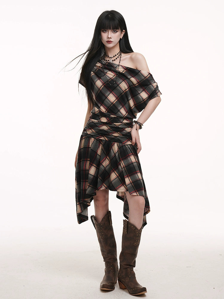 LADYGHOST Slanted Shoulder Plaid Dress