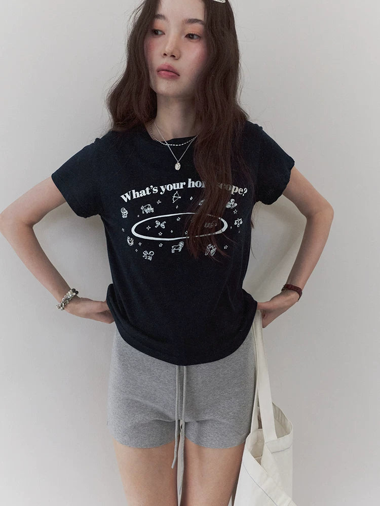 VOOE Crew Neck Letter Print Front Shoulder Versatile Tee