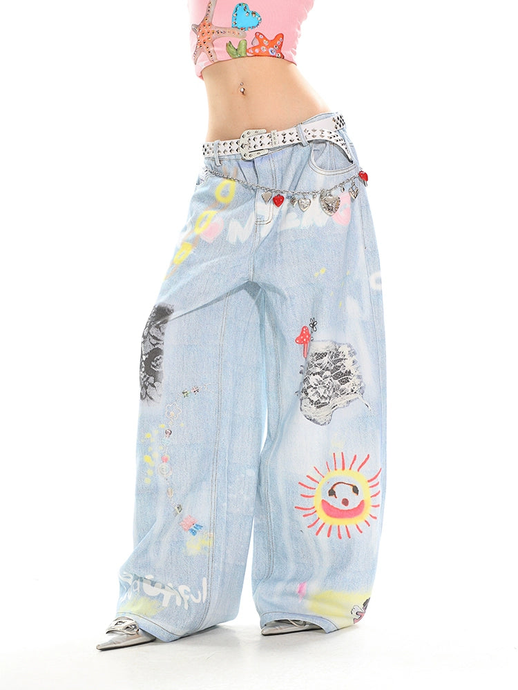 UNCMHISEX Graffiti Wide-leg Jeans