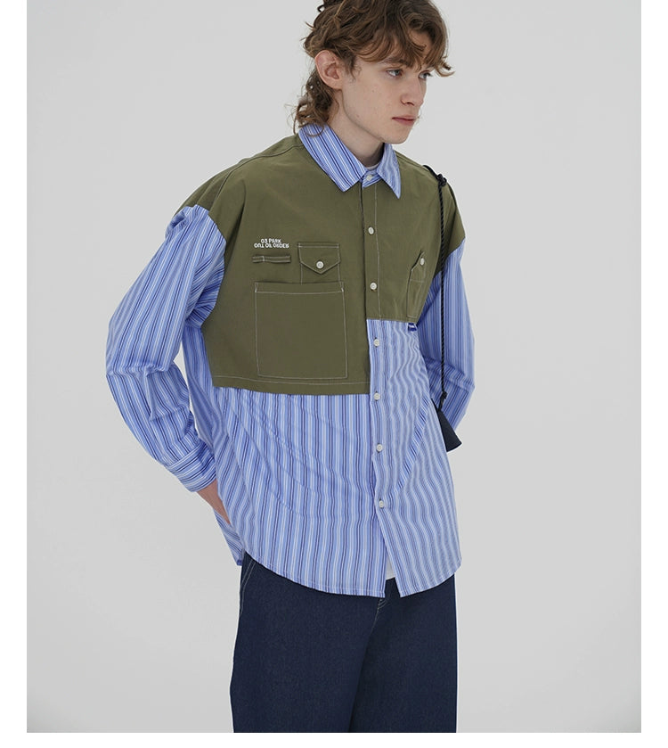 O3PARK Japanese Loose Casual Color Contrasting Splicing Striped Shirt