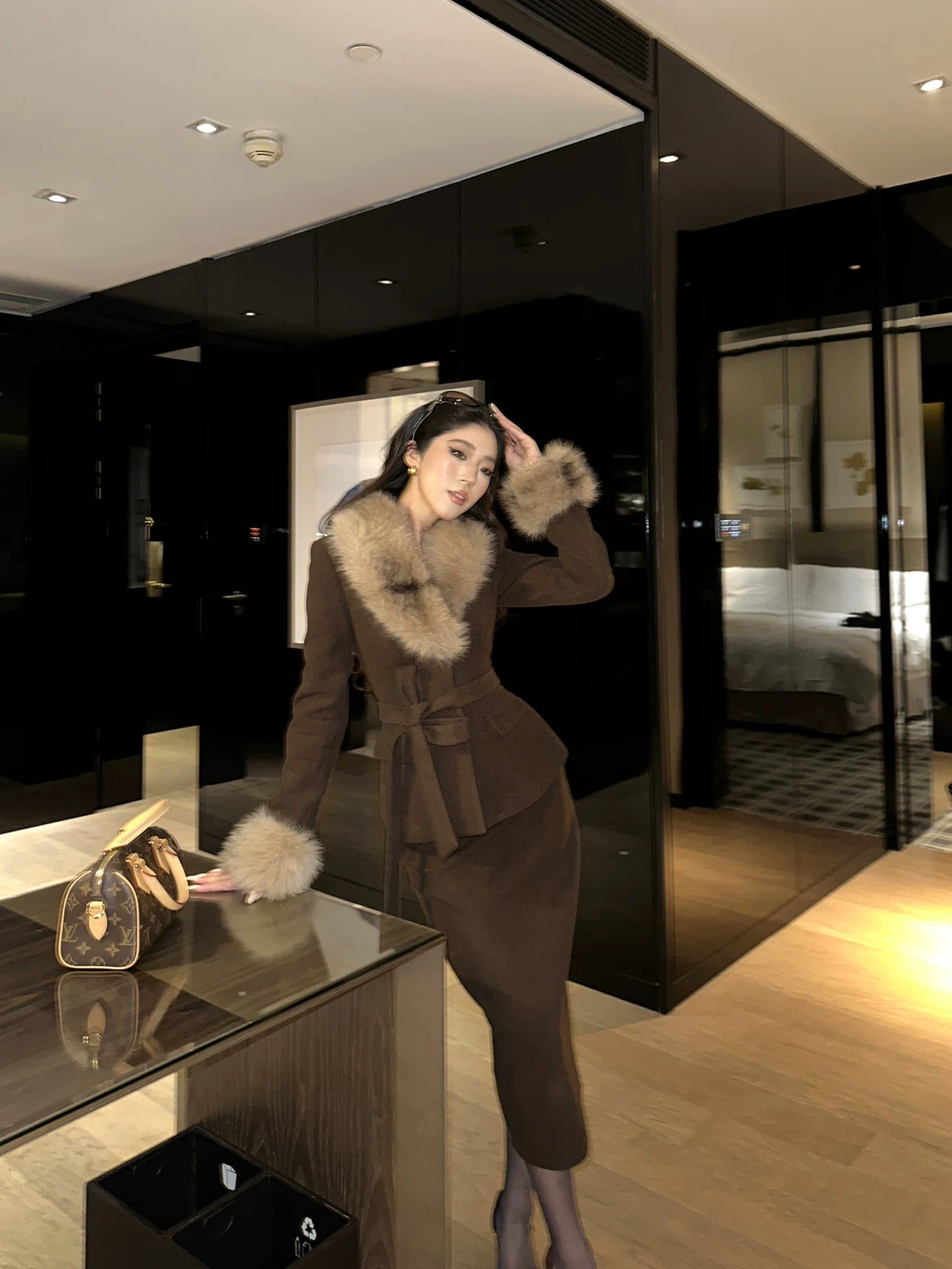 LLROGE Fur Collar Waist Woolen Jacket Skirt Set