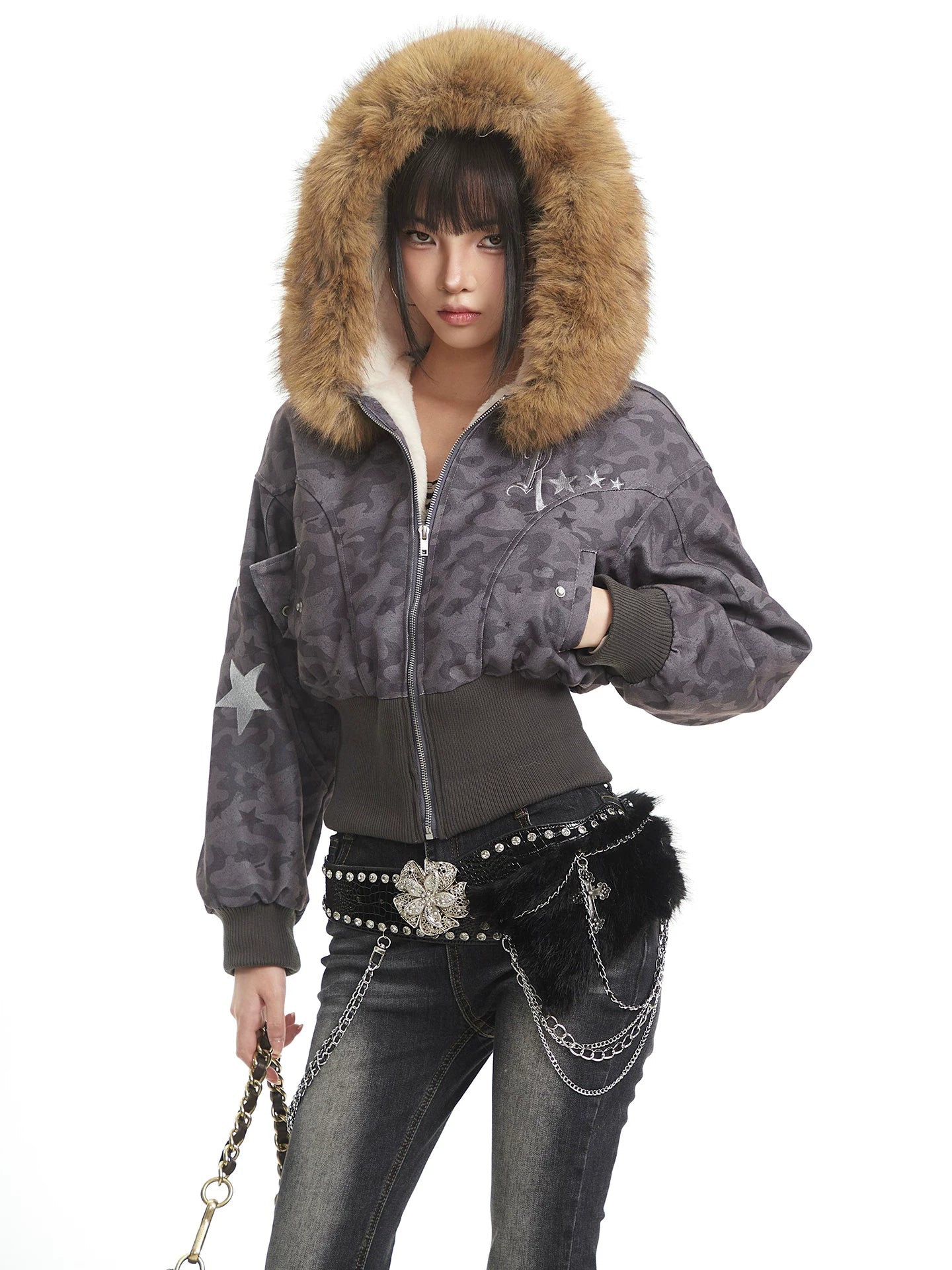 UNCMHISEX Vintage Camouflage Fleece Collar Fleece Waist Short Jacket