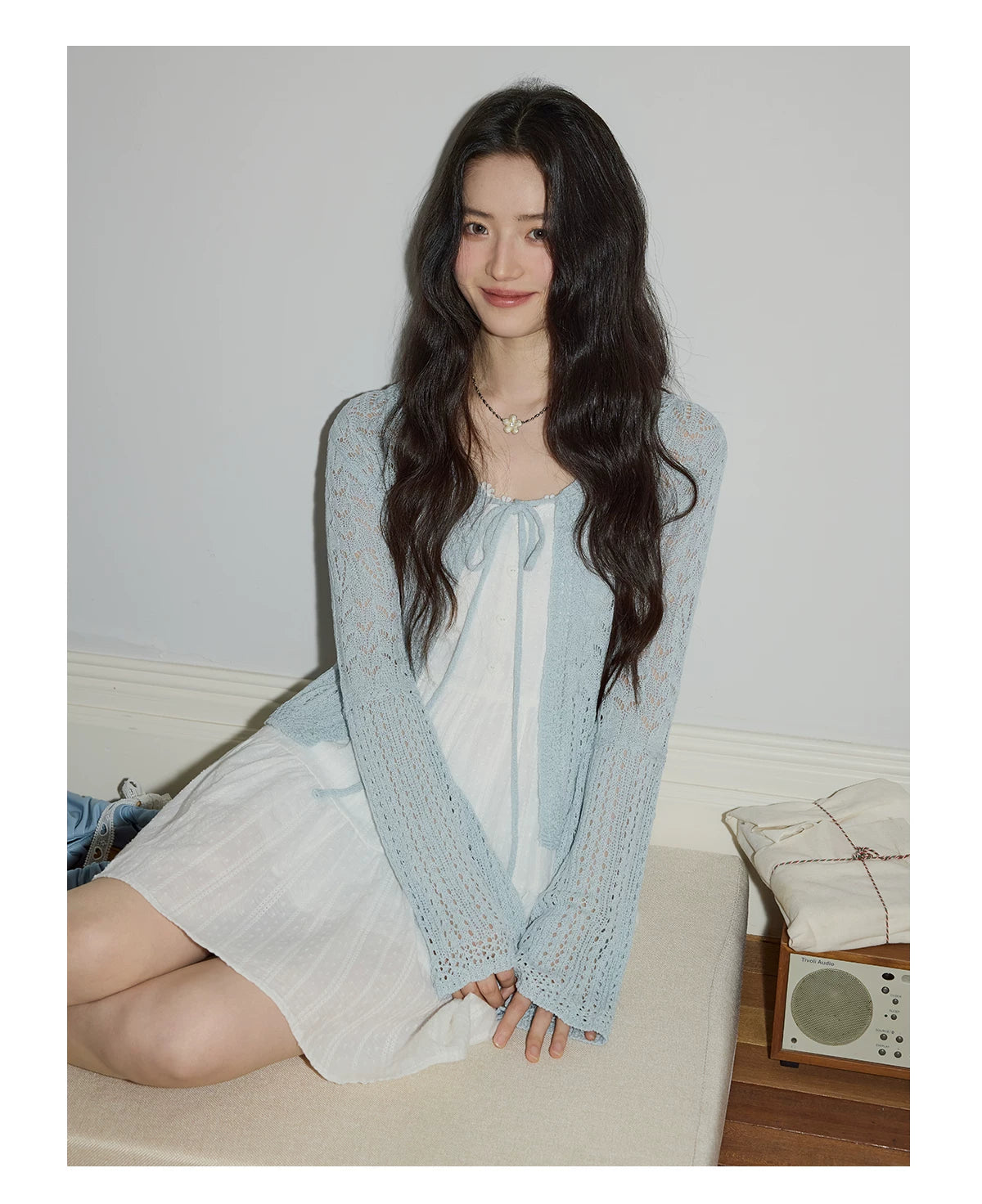 XUJING Lace-up Hollow-out Long-sleeved Knitted Cardigan